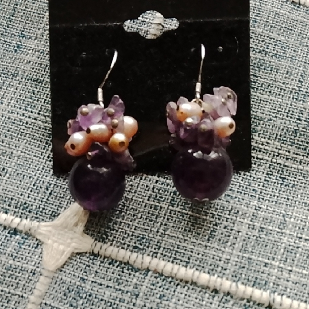 Amythyst 925 Pearl Cluster Earrings
